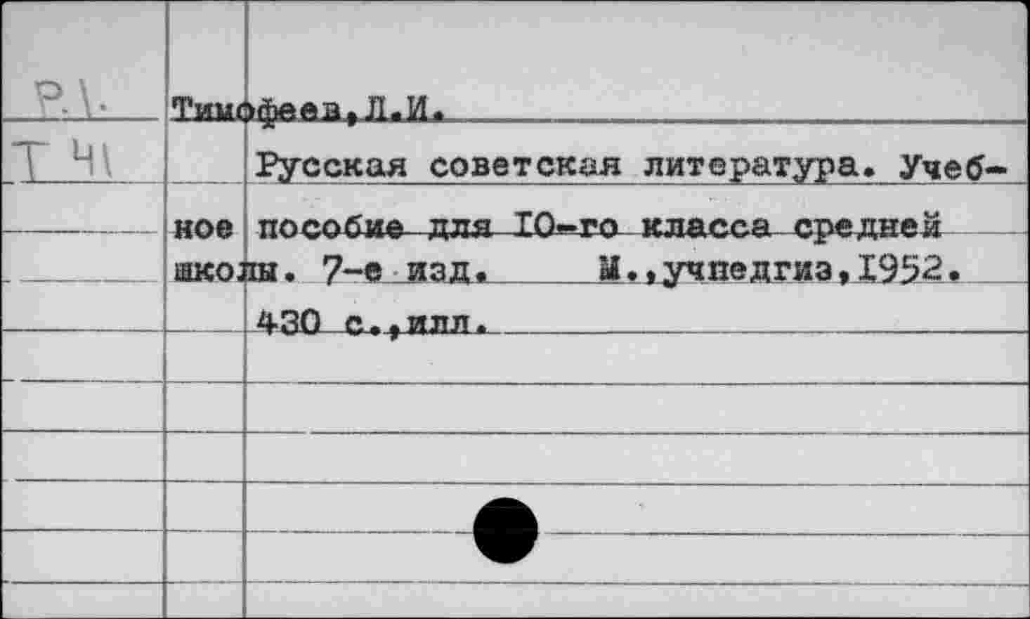 ﻿	Тимс	Л-И.
Т Н\		Русская советская литература. Учеб-
	ное	
—	нко;	на. 7-е изд.	М.,учпедгиэ, 1952.		 430 с.,илл.		
—	—					